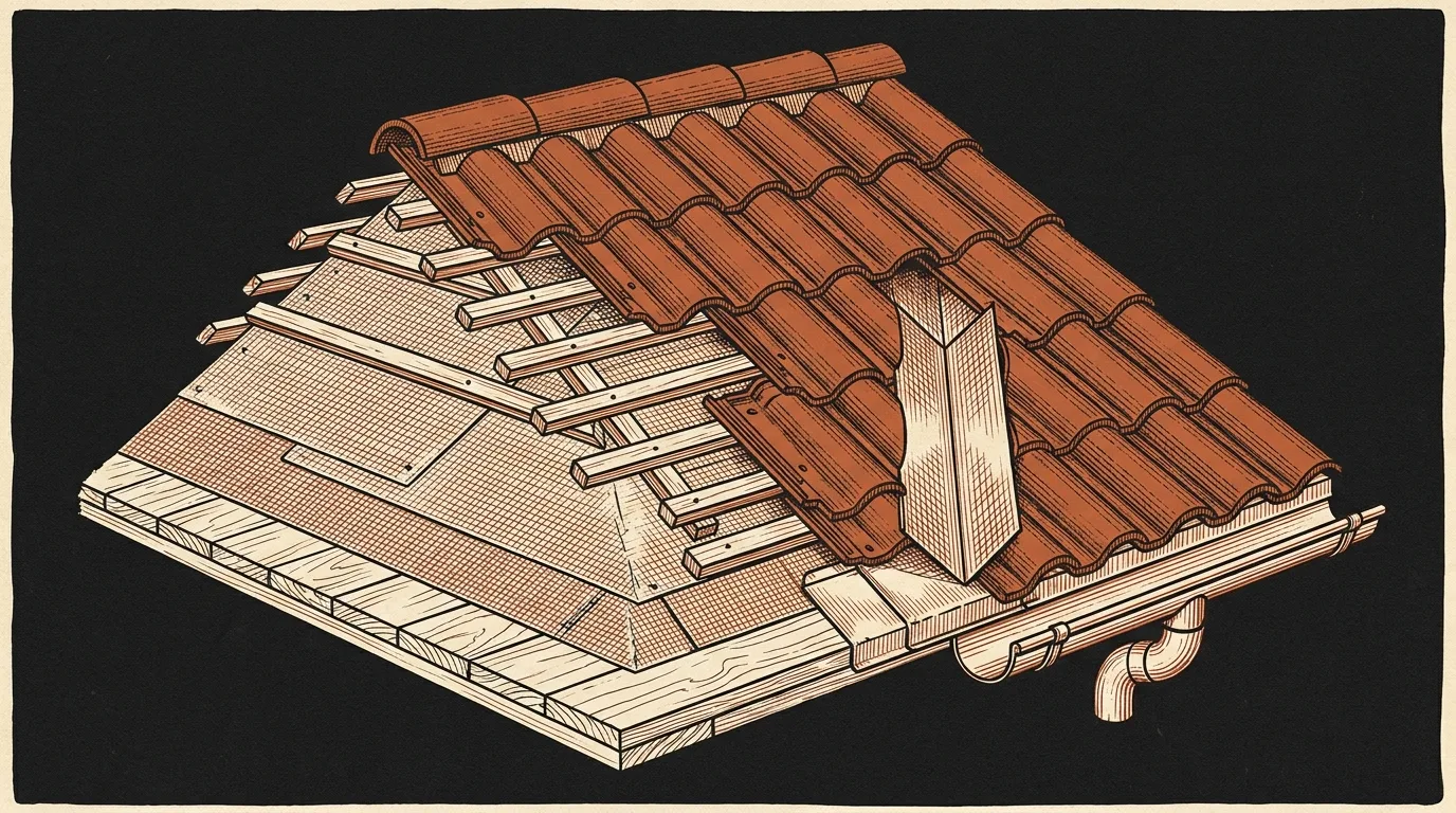 Cutaway illustration of a historic clay tile roof revealing, layer by layer: plank decking, ice-and-water shield membrane, wooden battens, Ludowici barrel clay tiles, ridge caps, copper valley flashing, and a copper gutter